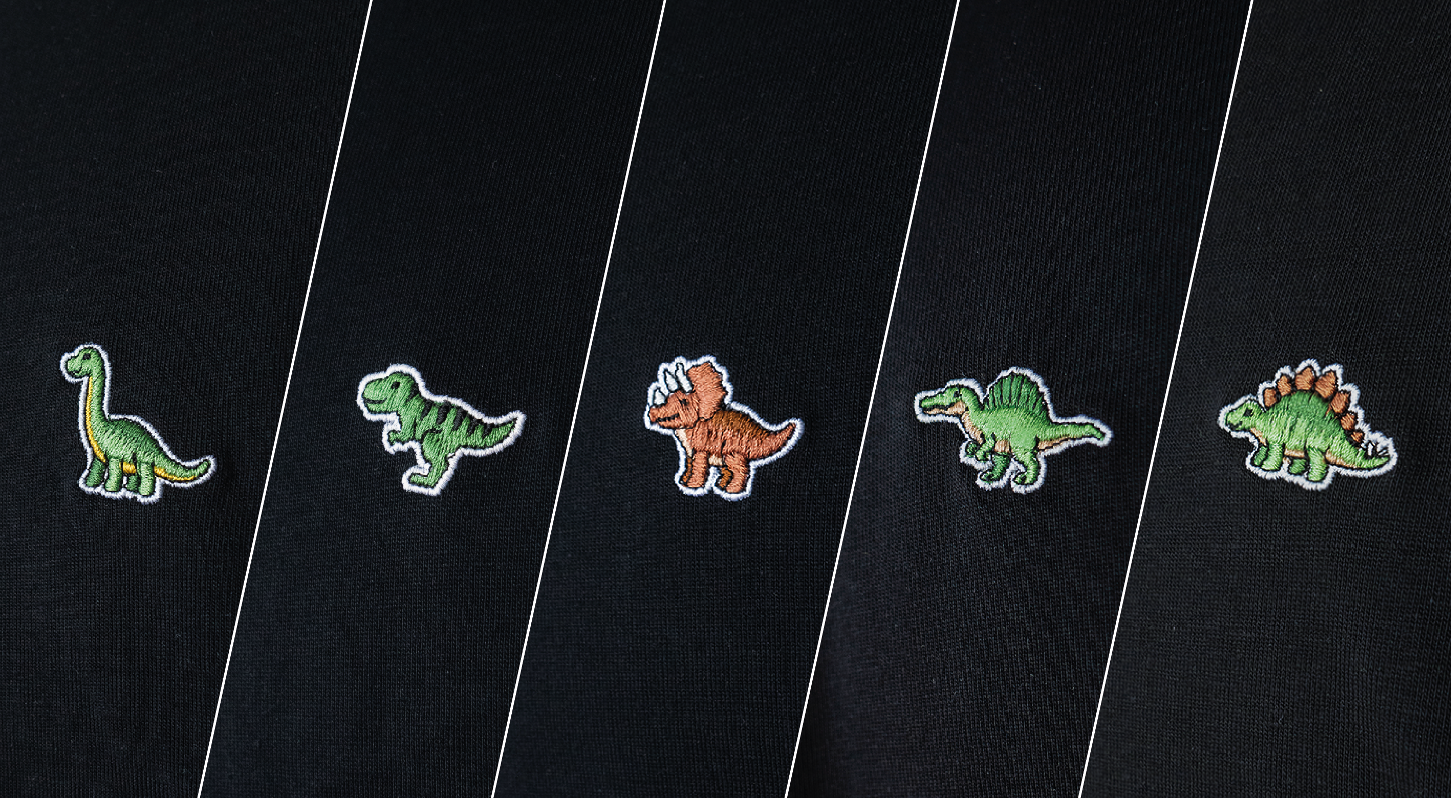 Alle gestickten Dino Motive - Brontosaurus - T-Rex - Triceratops - Spinosaurus - Stegosaurus