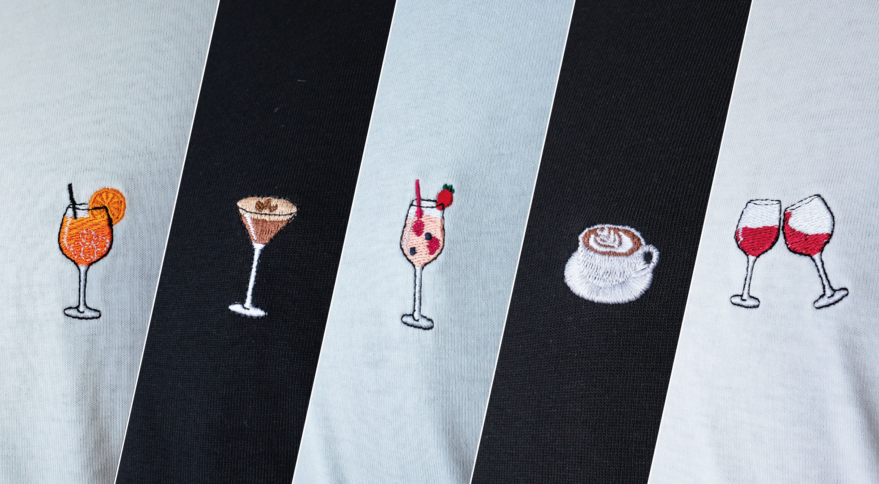Alle gestickten Drinks und Cocktail Motive - Aperol Spritz - Espresso Martini - Wildberry - Kaffee mit Latte Art - Weinglas