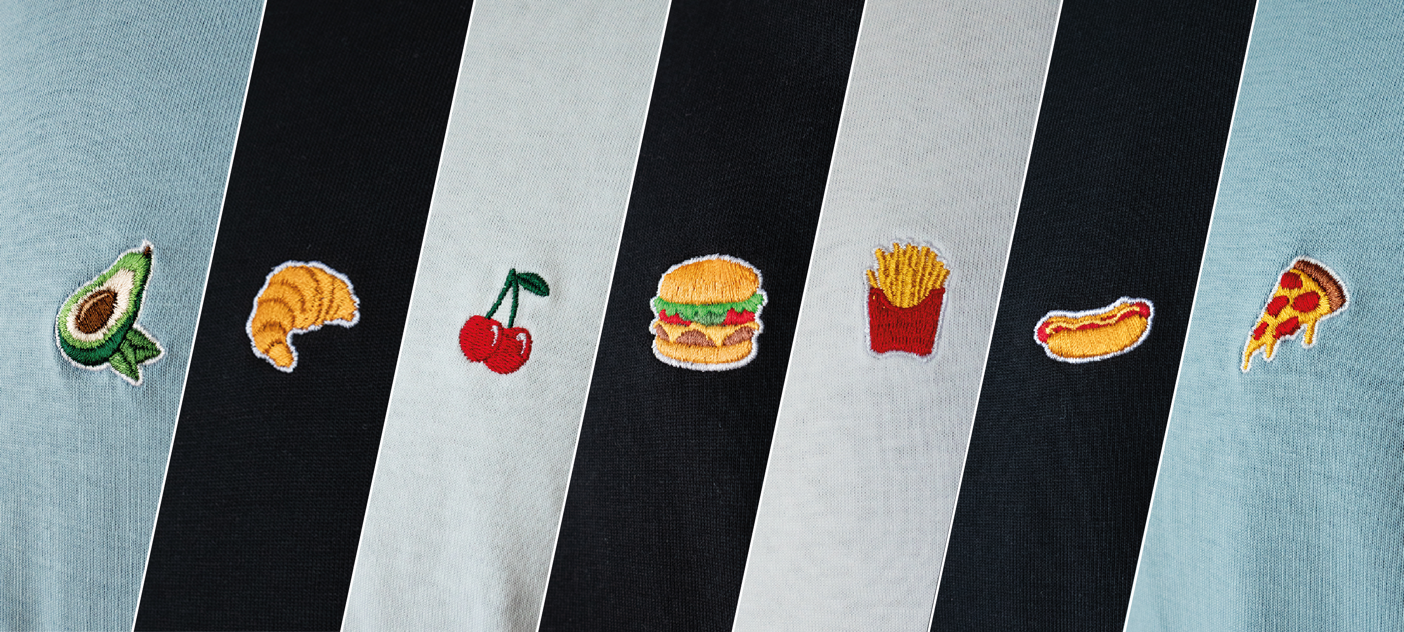 Alle gestickten Food Motive - Avocado - Croissant - Kirsche - Burger - Pommes - Hot Dog - Pizza