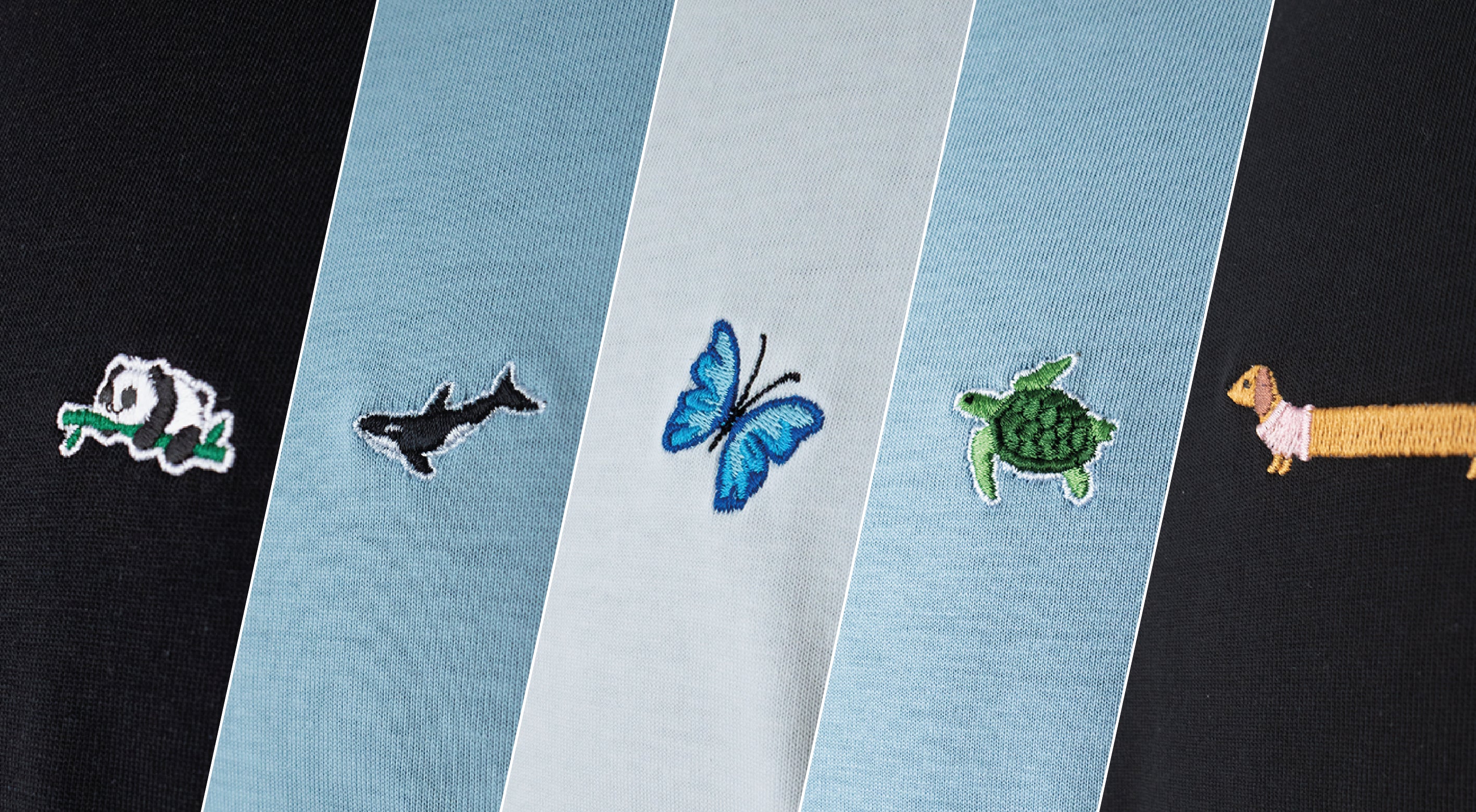 Alle gestickten Tier Motive - Panda - Orca - Schmetterling - Schildkröte - Dackel