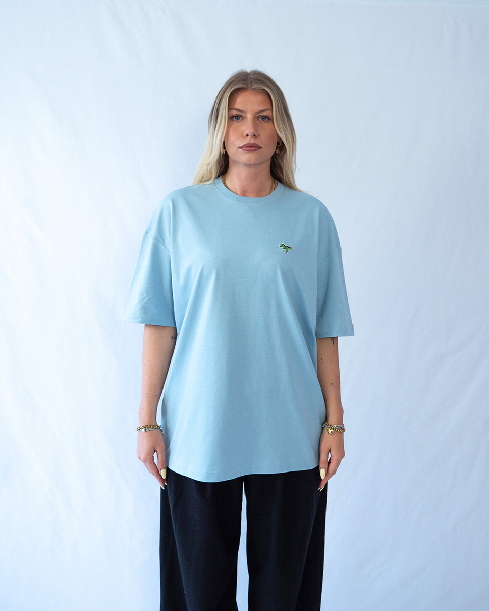 Das Model trägt ein hellblaues oversize Bio-Baumwoll T-Shirt mit gesticktem T-Rex Motiv auf der Brust