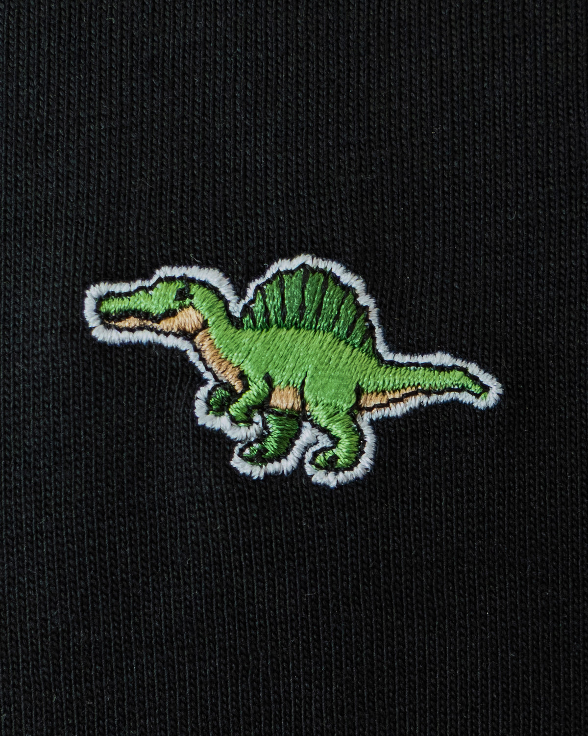 Nahaufnahme des gestickten Spinosaurus Motivs auf schwarzem T-Shirt